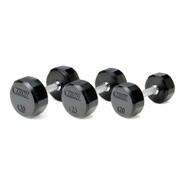 Troy 12 Sided Rubber Encased Dumbbell Set with storage racks